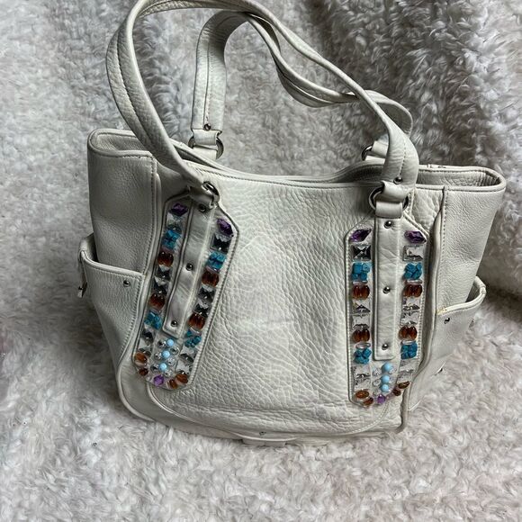Cole Haan Sydney white leather large shoulder bag with multi color stones accent - Picture 2 of 12